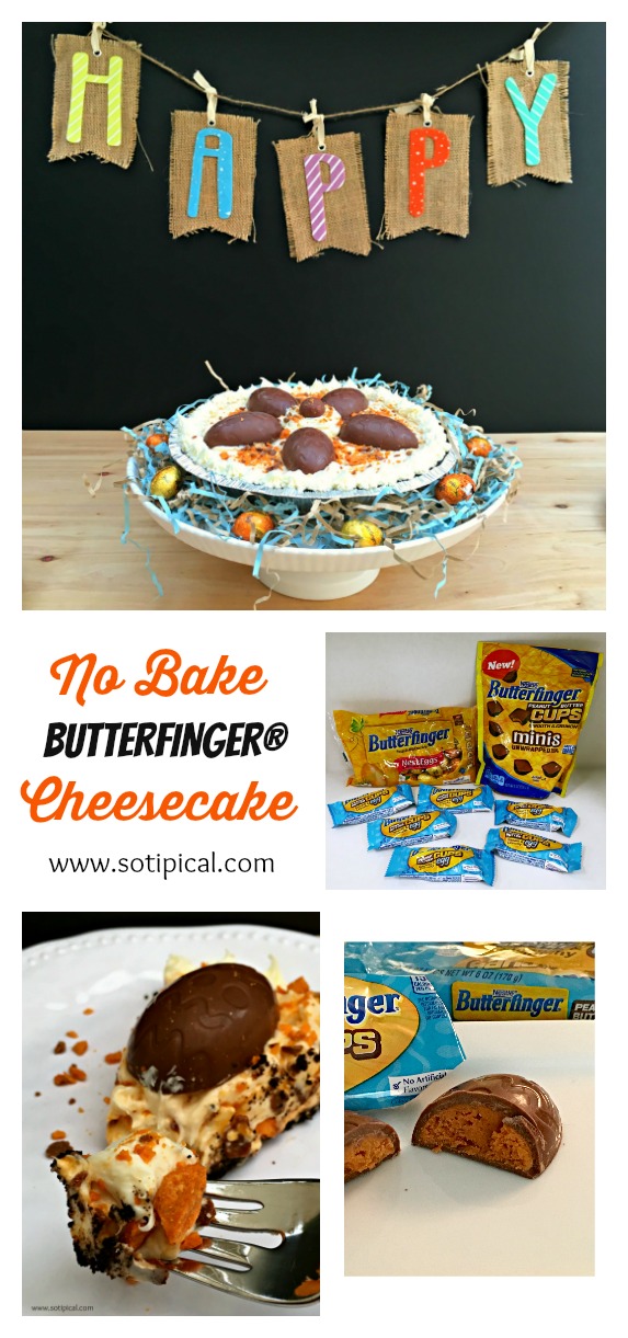 No Bake Butterfinger Cheesecake - So TIPical Me My No Bake BUTTERFINGER ® Cheesecake is a perfect no-fuss, easy to make dessert this holiday that your family will LOVE! #EggcellentTreats [ad] @Butterfinger